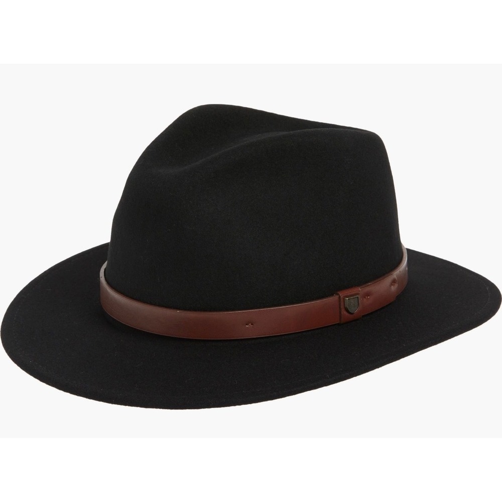 Brixton Messer Fedora Black Wool Felt Wide Brim Hat Brown Leather Band XS 54cm